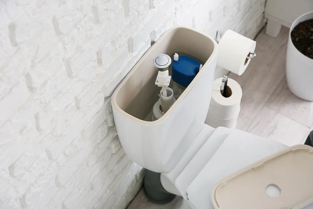 Open toilet tank with exposed fill valve and flapper during toilet repair Hanover MA service.
