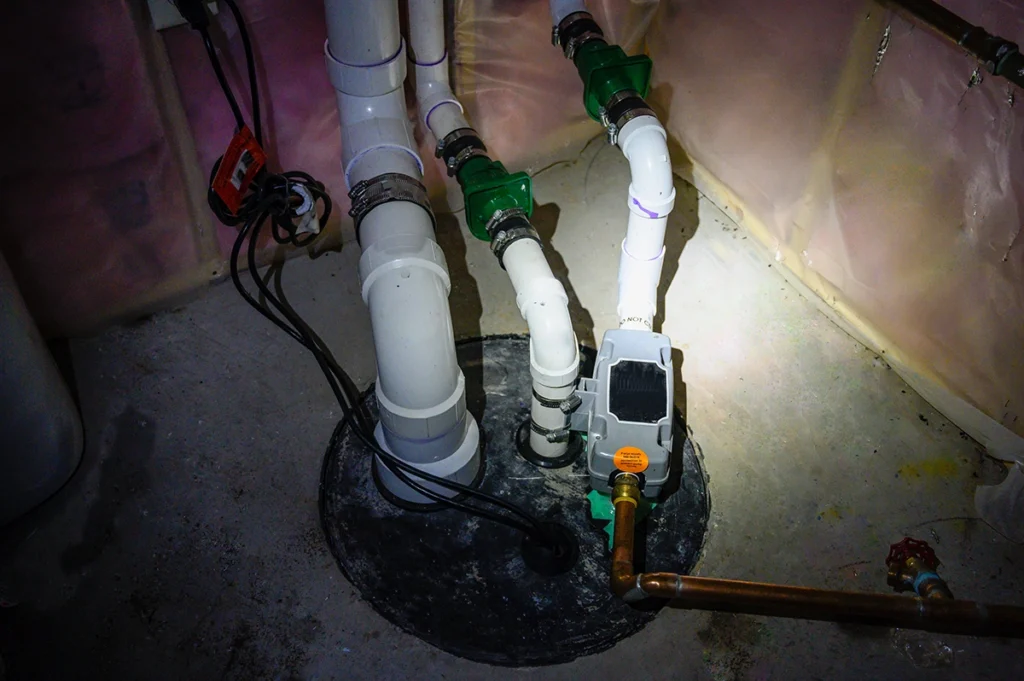 Crawl space sump pump installed with discharge piping and covered basin