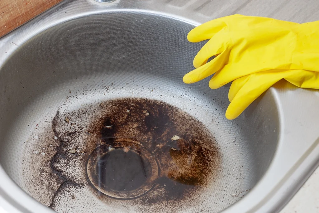 Stainless steel sink basin with dark residue and buildup around the drain.