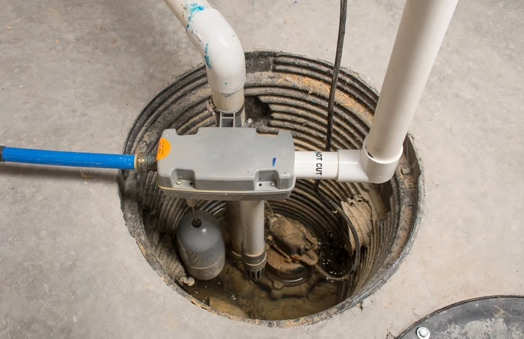 Sump pump system with PVC discharge piping and a sump pump check valve that helps prevent water from flowing back into the basin.